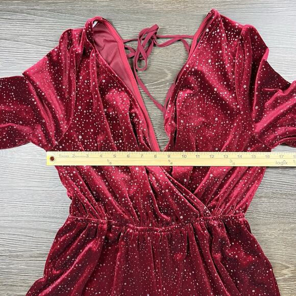 Lulus Wine Red Velvet Sparkly Long Sleeve Romper Size M Stretch Tie High Waist - Picture 7 of 10